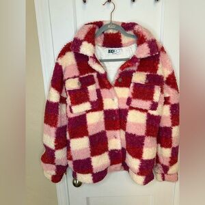 Beach Riot Laurie Jacket Pink Berry Sangria Check Sherpa Button Up Sz S